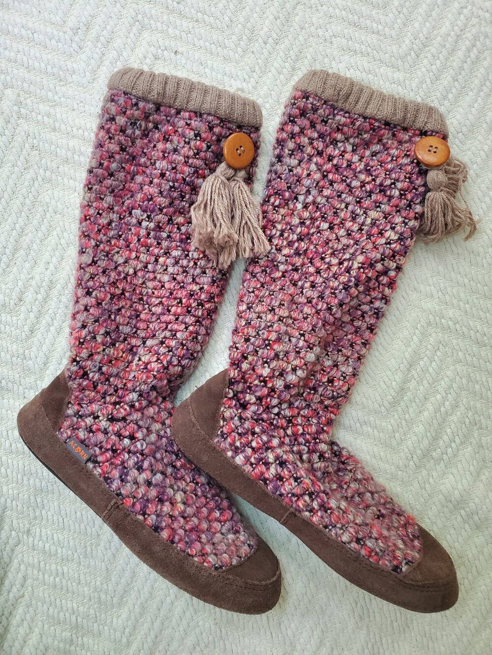 Acorn Jam Tassel Boot Slippers Raspberry Wool Blend Cozy Knit